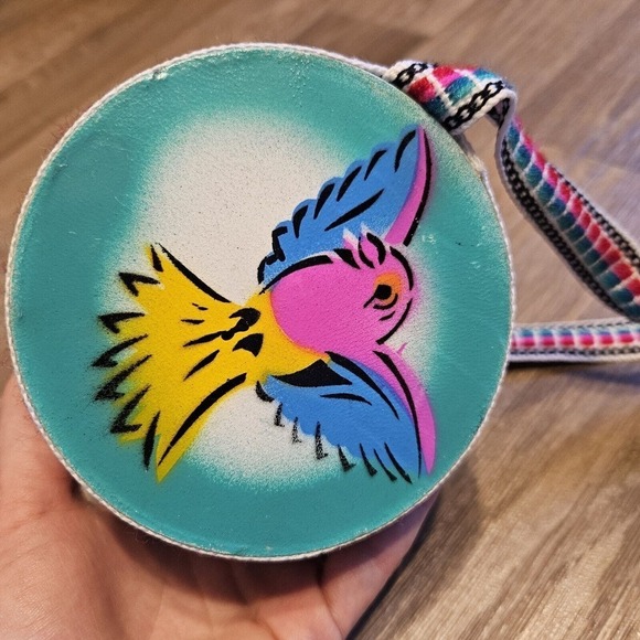 Set Of 2 Vtg Hand Painted Small Hand Drums Bongo Aruba Dominicana W/Strap Bird - Picture 8 of 10